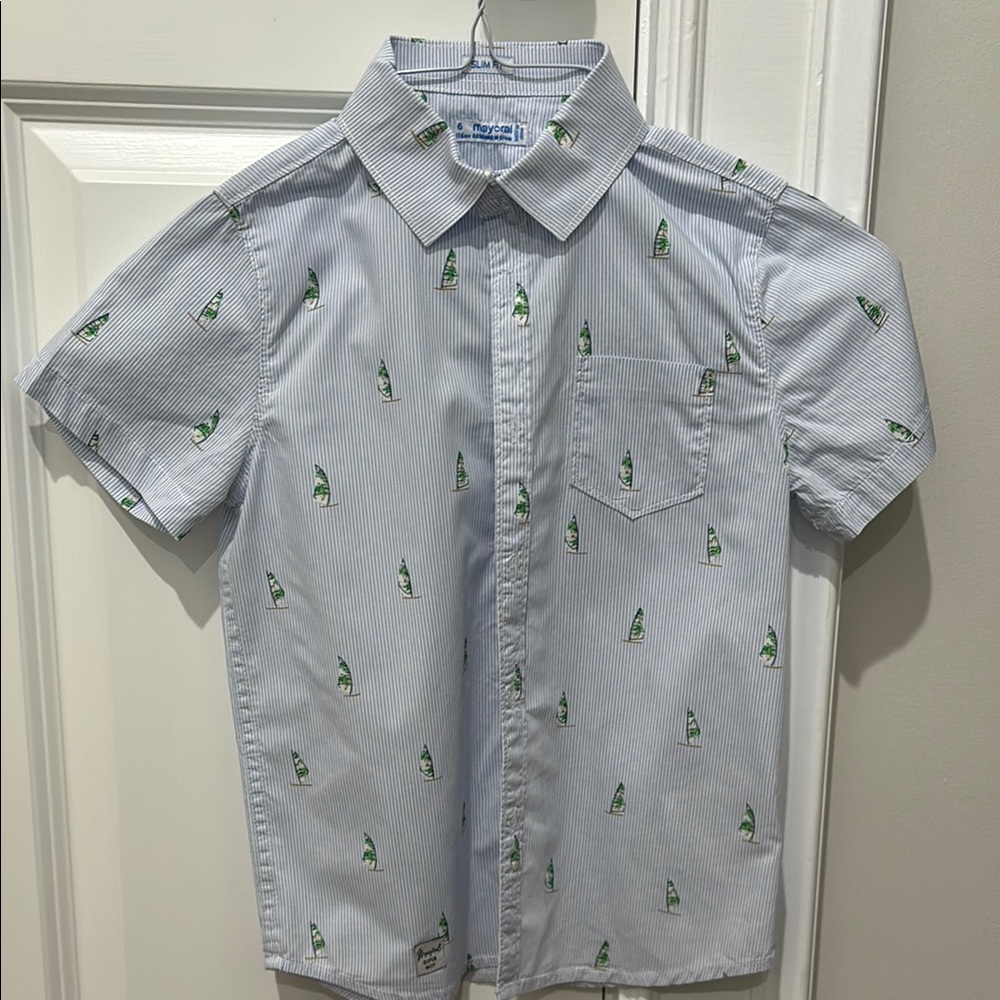 Men's Blue Striped Shirt with Green Accents